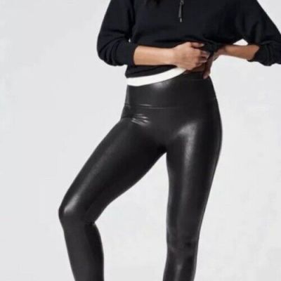 SPANX Black Faux Leather Leggings Womens Size L Large Black Shapewear Shiny 2437